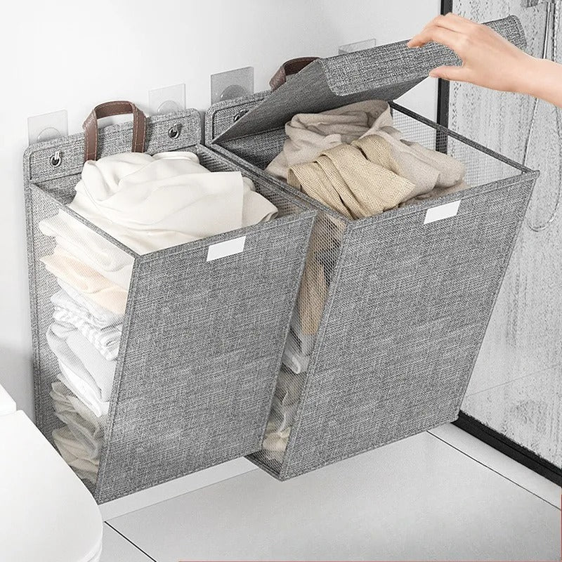 Wallora | Cesto de ropa plegable adhesivo | Cesto para ropa montado en la pared y organizador