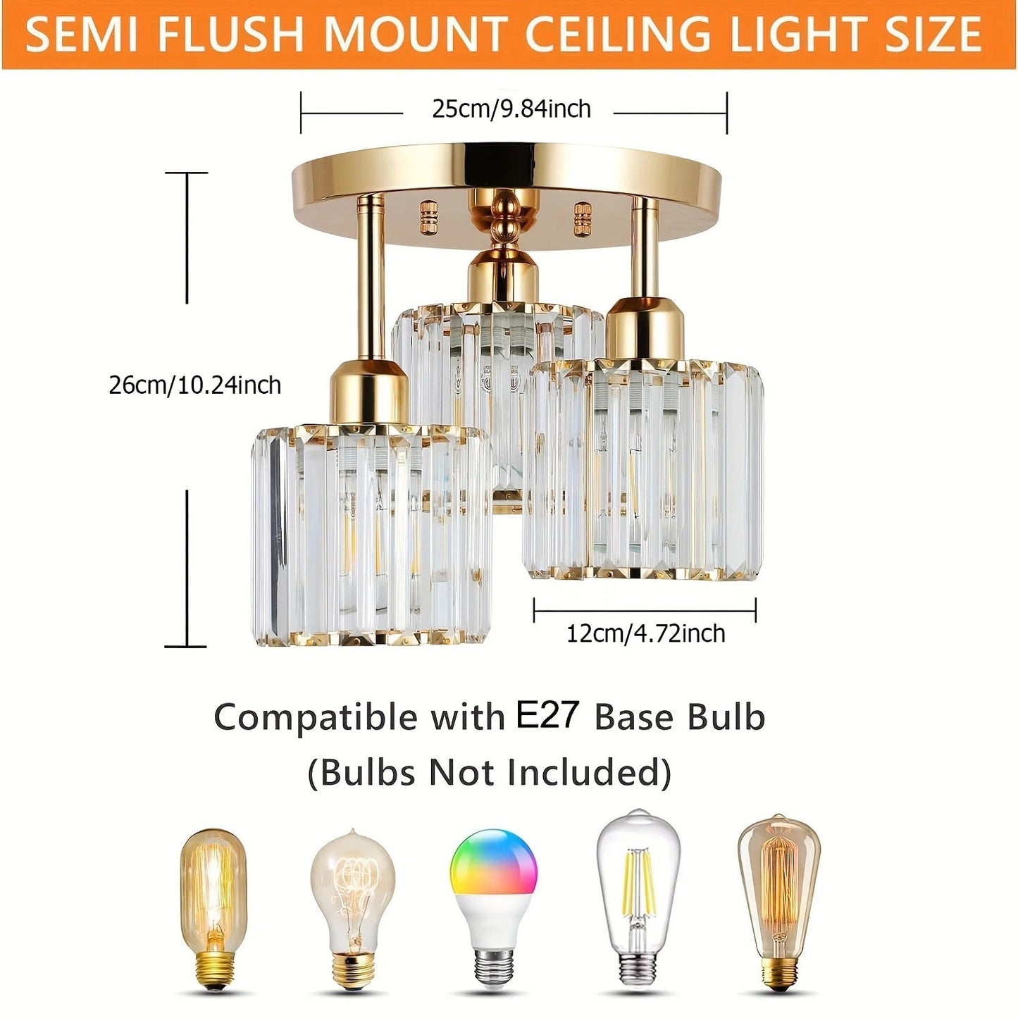 Lámpara de Techo de Cristal de Lujo Moderna en Oro | Montaje Semi Empotrado de 3 Luces