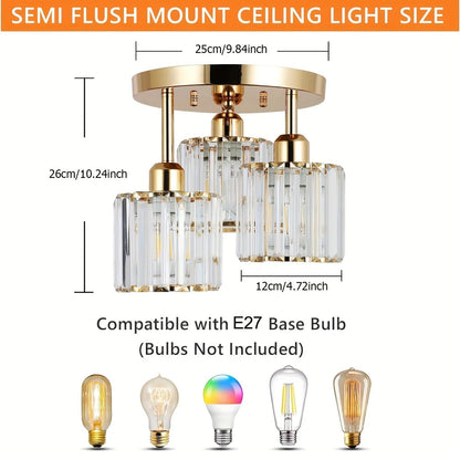 Lámpara de Techo de Cristal de Lujo Moderna en Oro | Montaje Semi Empotrado de 3 Luces