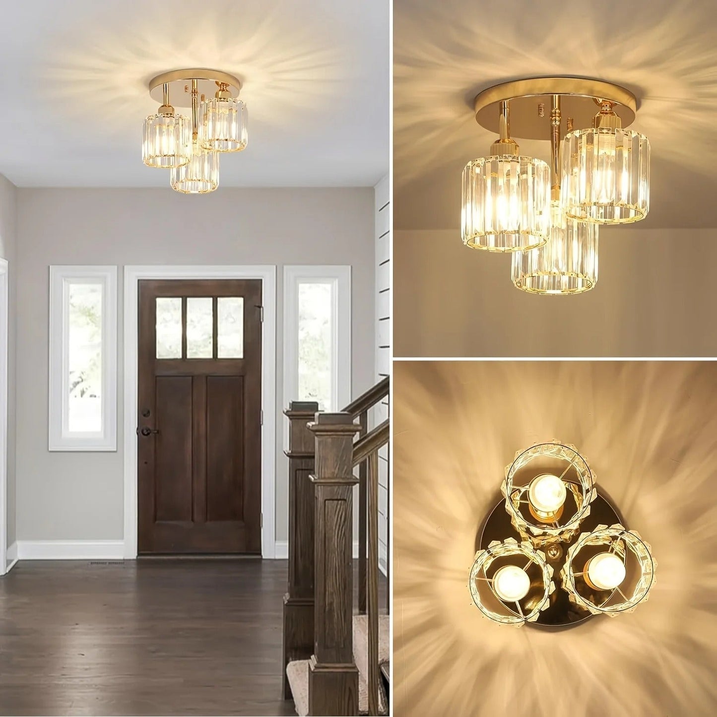 Lámpara de Techo de Cristal de Lujo Moderna en Oro | Montaje Semi Empotrado de 3 Luces