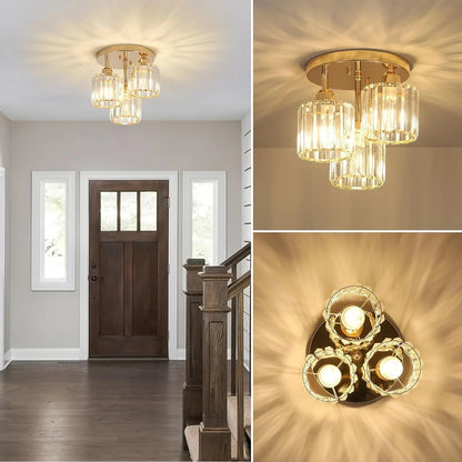 Lámpara de Techo de Cristal de Lujo Moderna en Oro | Montaje Semi Empotrado de 3 Luces