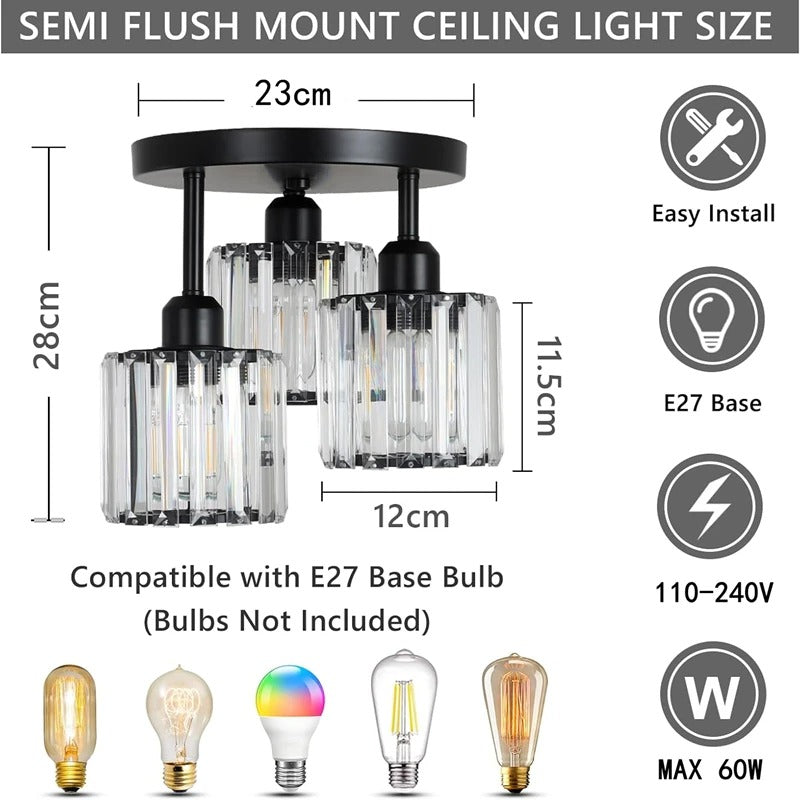 Lámpara de Techo de Cristal de Lujo Moderna en Oro | Montaje Semi Empotrado de 3 Luces