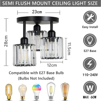 Lámpara de Techo de Cristal de Lujo Moderna en Oro | Montaje Semi Empotrado de 3 Luces